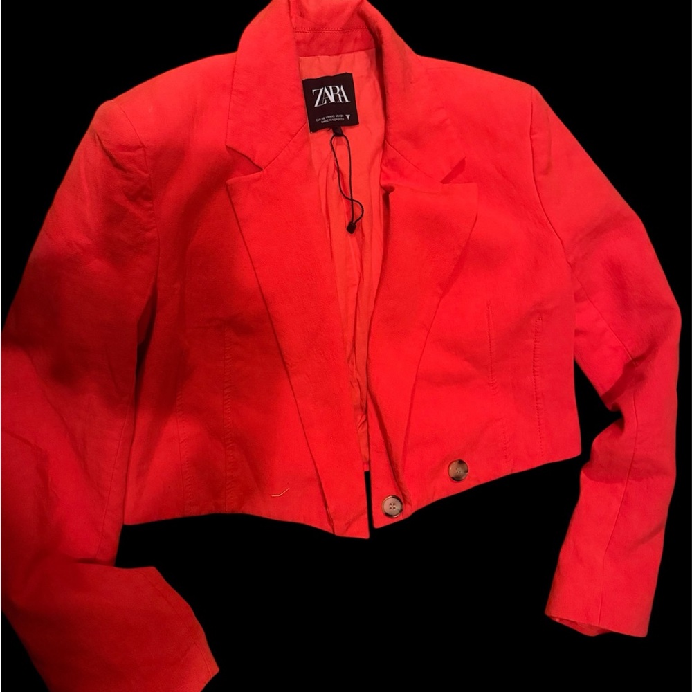 ZARA Cropped Red Notch-Lapel Blazer